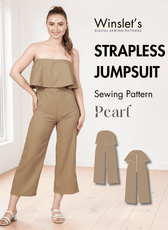 Beige strapless jumpsuit sewing pattern with ruffled overlay and straight-leg cut