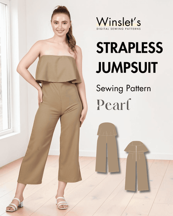 Beige strapless jumpsuit sewing pattern with ruffled overlay and straight-leg cut