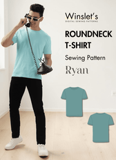 Men's turquoise crew neck T-shirt sewing pattern with short sleeves, front view