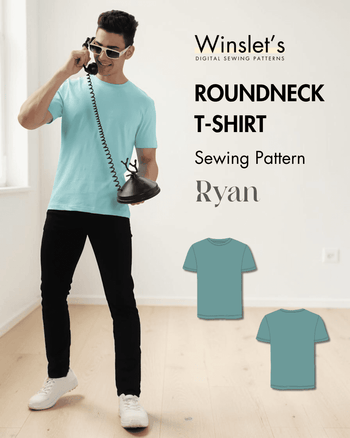 Men's turquoise crew neck T-shirt sewing pattern with short sleeves, front view