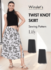 Women's black sleeveless crop top with twist knot skirt sewing pattern