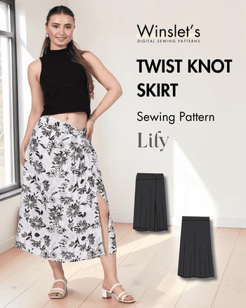Women's black sleeveless crop top with twist knot skirt sewing pattern