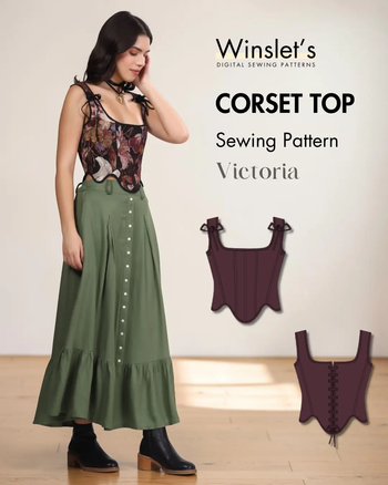 Model wearing a sleeveless corset top with wide shoulder straps, black lace-up back closure, floral pattern, and green high-waisted skirt, digital sewing pattern for Victoria