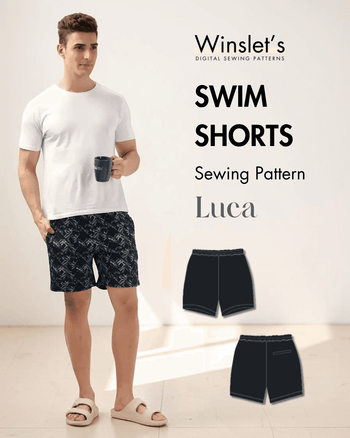 Men's swim shorts sewing pattern 'Luca' digital pattern with elastic waistband and above-the-knee length