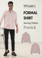 Men's formal pink striped dress shirt sewing pattern with structured point collar and full front button placket