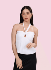 Close-up of the 'Alice' halter top, showcasing the elegant keyhole front and halter neckline. Perfect sewing pattern for stylish handmade tops.