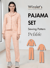Women's peach plaid pajama set sewing pattern with notched collar and long sleeves