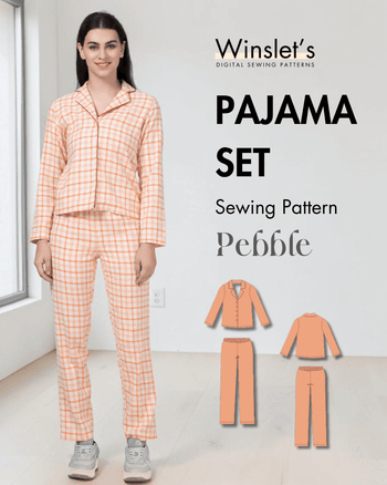 Women's peach plaid pajama set sewing pattern with notched collar and long sleeves