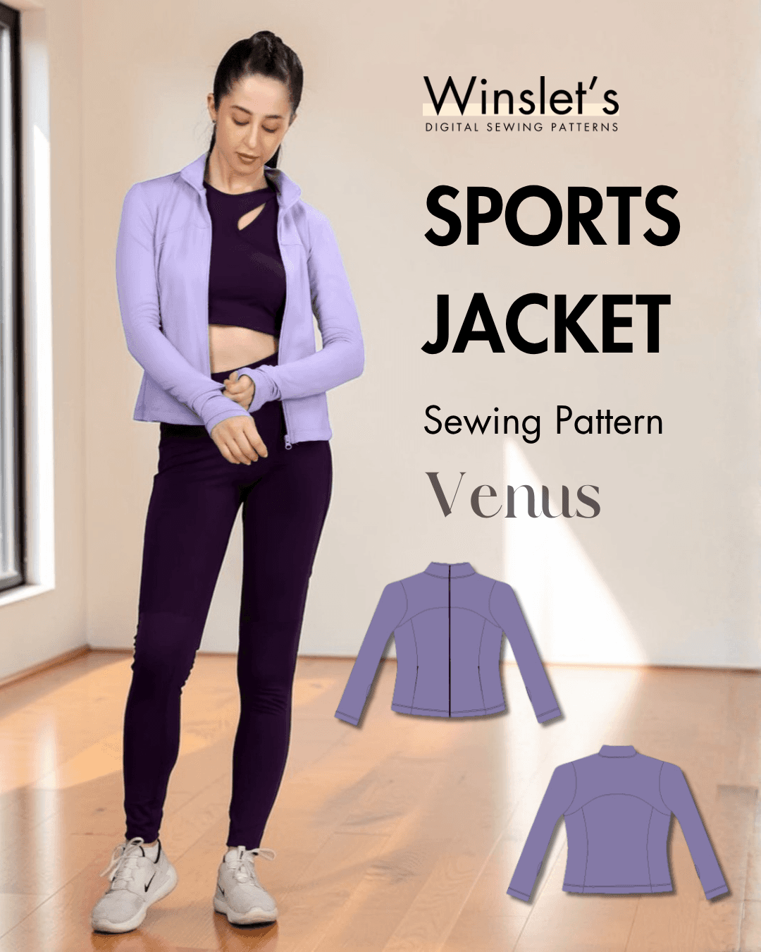 Women's purple sports jacket with full zip, thumbhole cuffs, high collar, and front pockets
