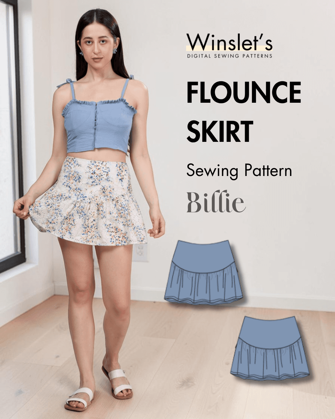 Women's blue flounce skirt sewing pattern with ruffled hem detail