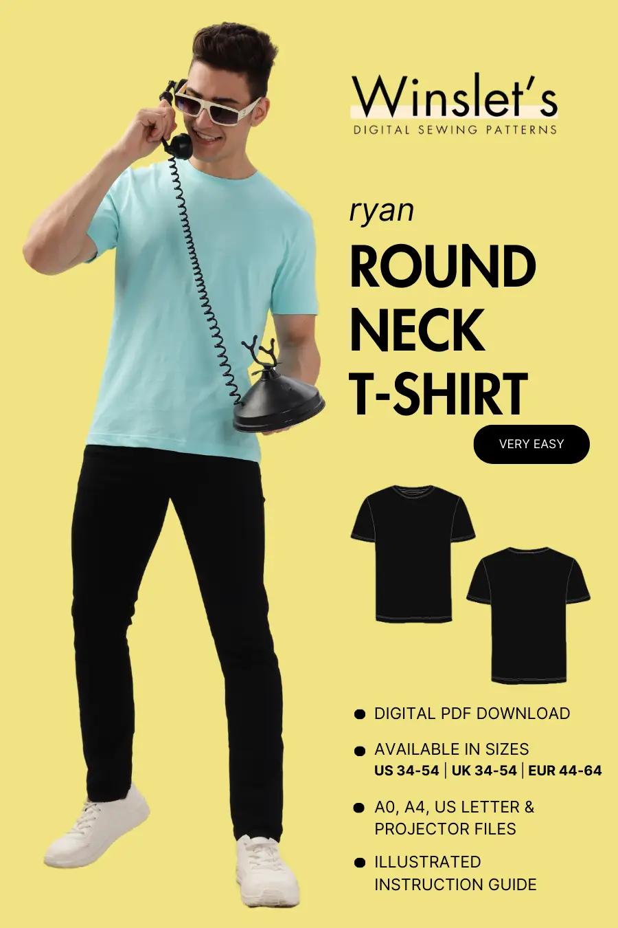 Men's T-shirt sewing pattern 'Ryan' by Winslet's. Beginner-friendly digital PDF pattern with A0, A4, Letter, and projector files in sizes US 34-54.