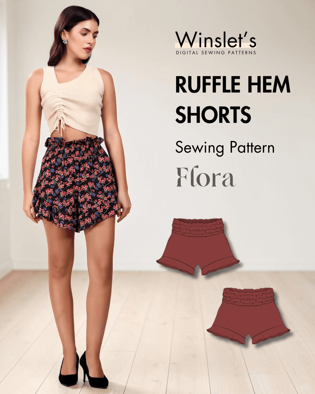 Women's cottagecore ruffle hem shorts sewing pattern 'Flora'