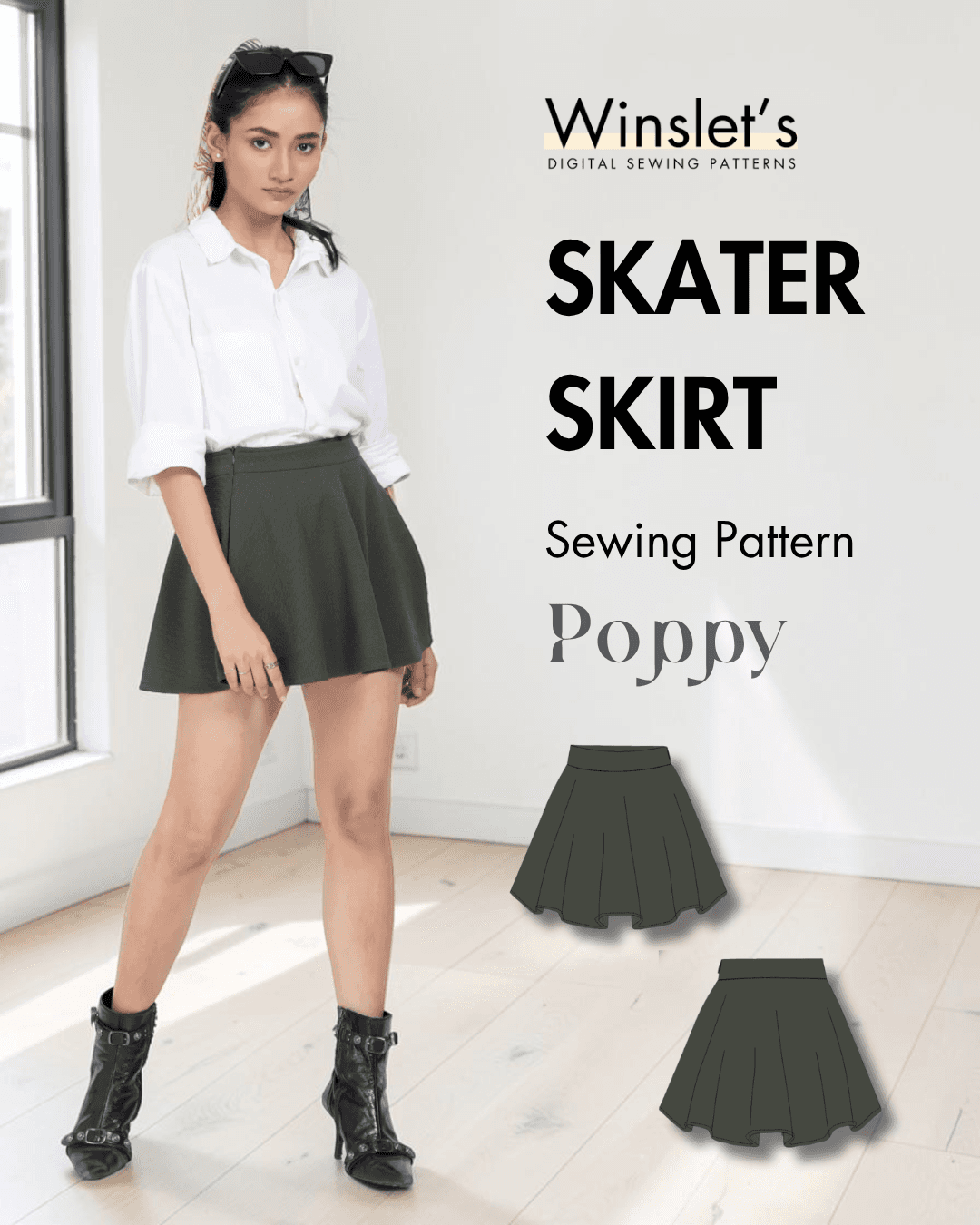 Women's PDF skater skirt sewing pattern 'Poppy' with illustration