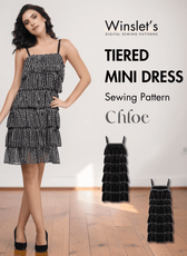 Tiered mini dress sewing pattern with layered frill design for women's party wear