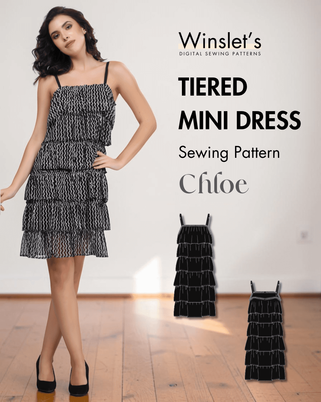 Tiered mini dress sewing pattern with layered frill design for women's party wear