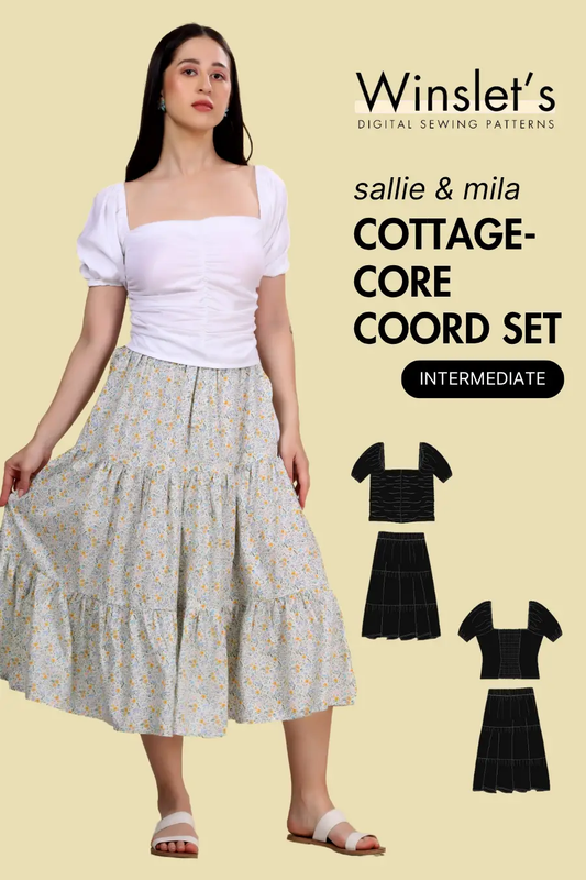 Cottagecore Coord Set Sewing Pattern - Puff Sleeves Ruched Top & Tiered Midi Skirt