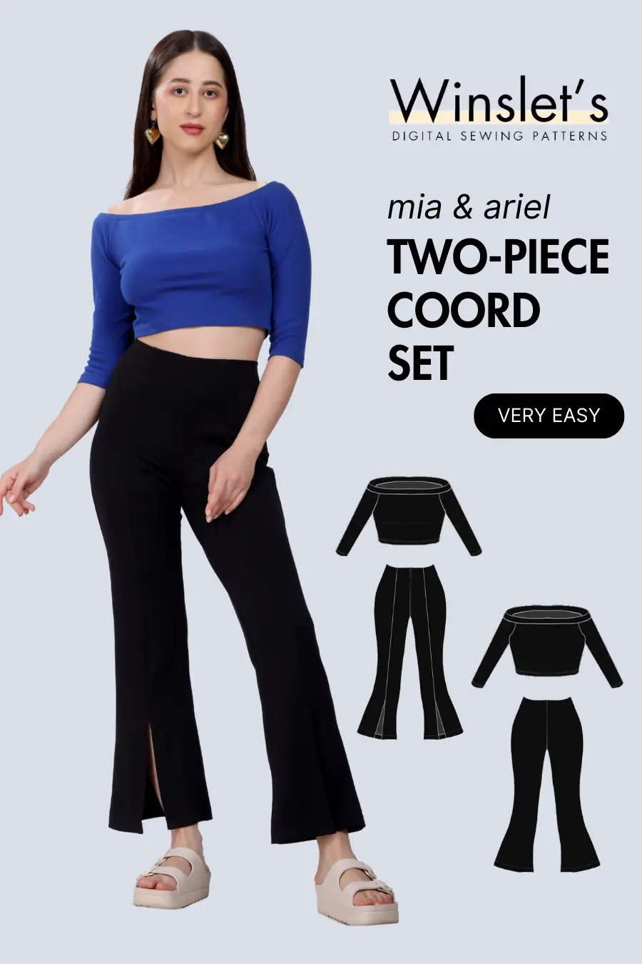 Two-Piece Coord Set Sewing Pattern with off shoulder crop top and flared high-waisted pants, includes digital illustrations and easy level tag.