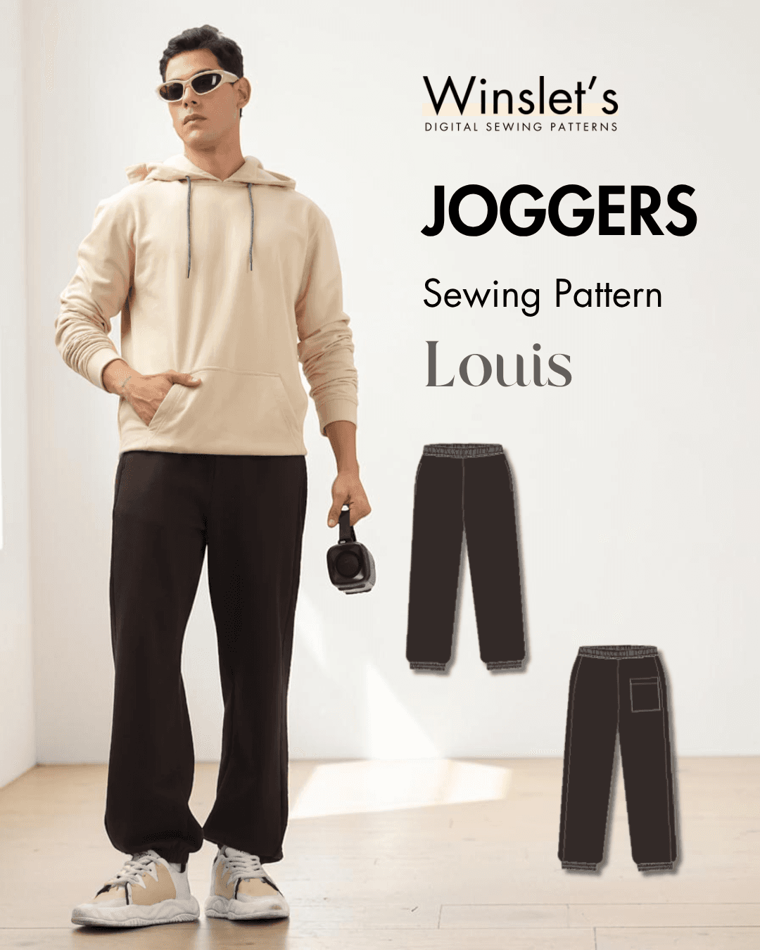 Men's joggers activewear PDF sewing pattern 'Louis' with elastic waistband and pockets