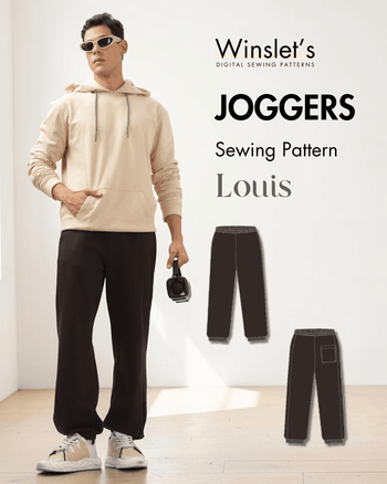 Men's joggers activewear PDF sewing pattern 'Louis' with elastic waistband and pockets