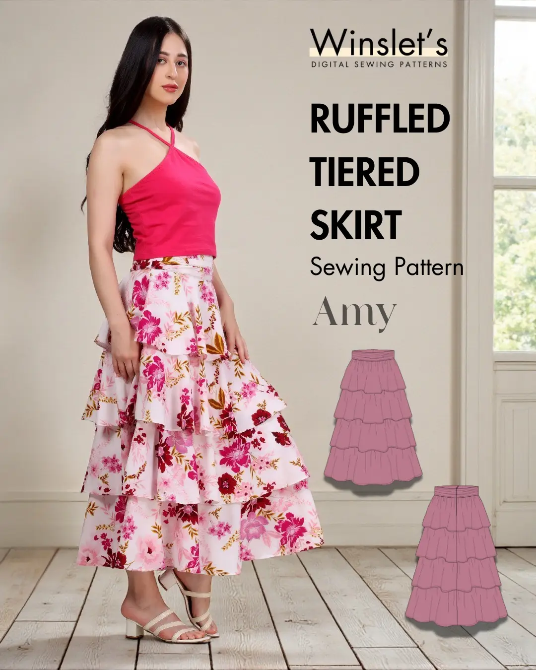 Ruffled Tiered Skirt Sewing Pattern 'Amy' featuring a floral four-tiered midi skirt with a pleated waistband, ideal for DIY fashion projects.