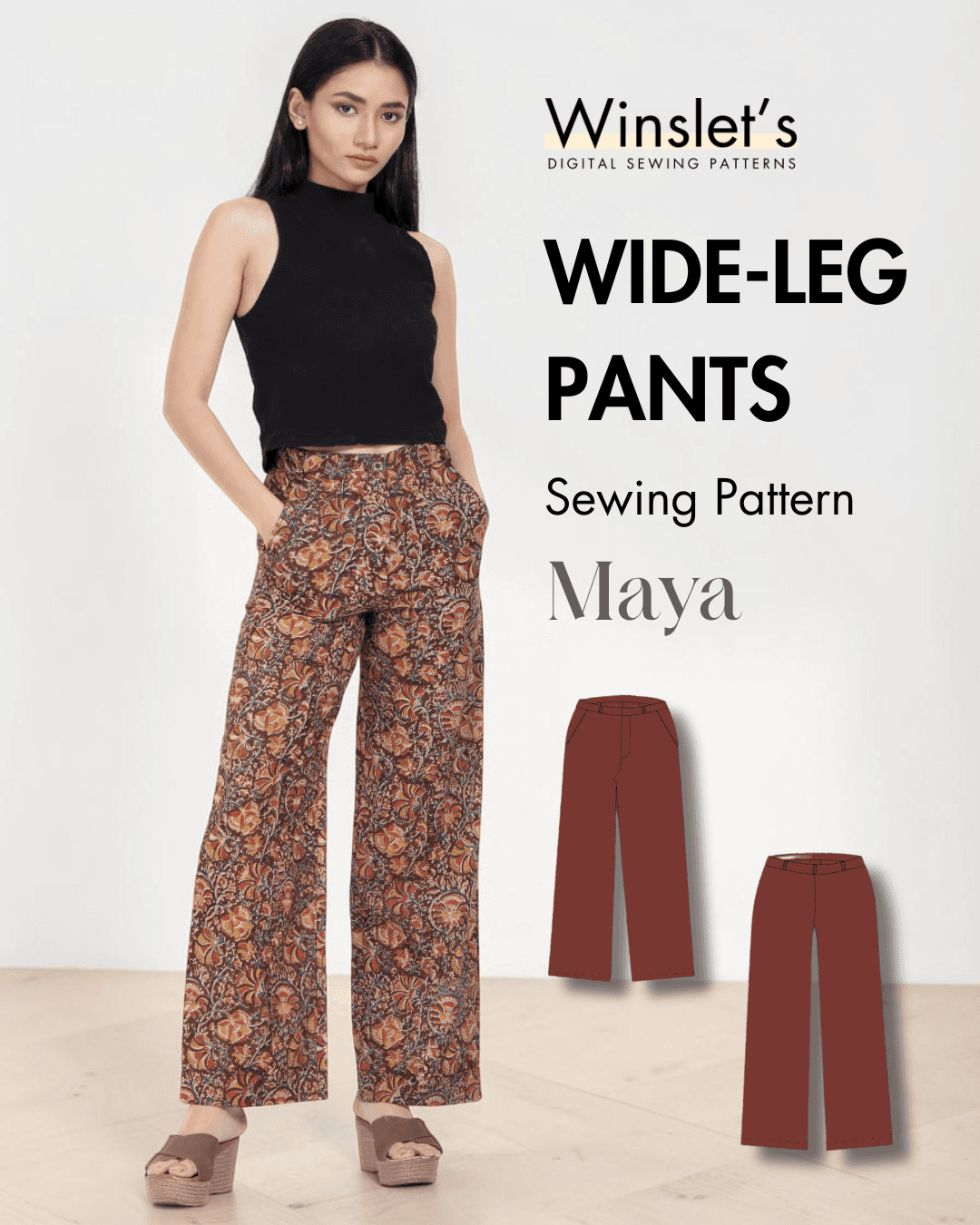 Women's wide leg pants sewing pattern 'Maya' with high waist and woven fabric