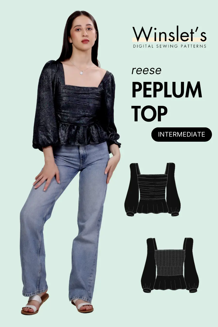 Peplum Top Sewing Pattern 'Reese' with square neckline, puff sleeves, ruched bodice, and smocked back, shown on model with technical sketches.