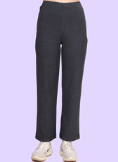 Front view of high-waisted straight-leg pull-on pants made from knit fabric. Features a discreet elastic waistband for comfort and style.