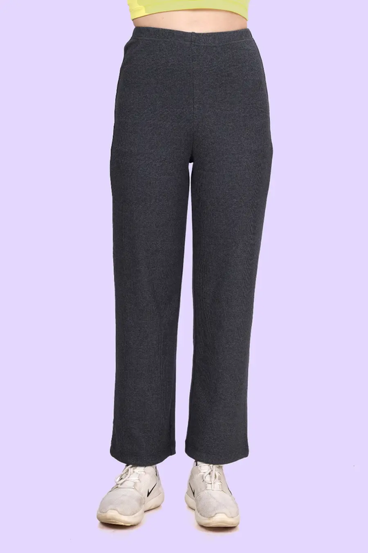 Front view of high-waisted straight-leg pull-on pants made from knit fabric. Features a discreet elastic waistband for comfort and style.