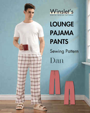 Men's Lounge Pajama Pants Sewing Pattern 'Dan' featuring relaxed fit loungewear with drawstring waist and plaid design, ideal for DIY sewing.