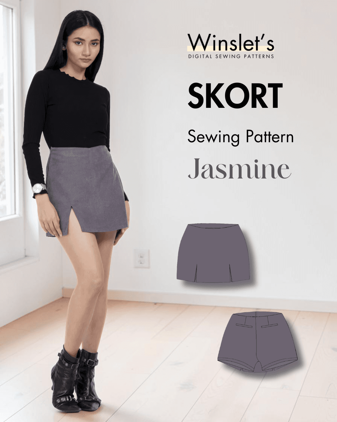 Skort sewing pattern Jasmine with front asymmetrical flap and side slit