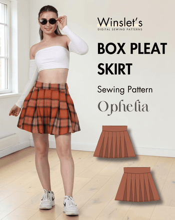 Women's box pleat flared mini skirt PDF sewing pattern 'Ophelia' with pleated design and invisible side zipper