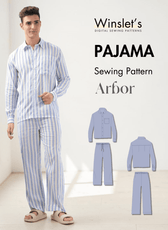 Men's pajama set sewing pattern with long sleeve shirt and striped woven fabric, front view