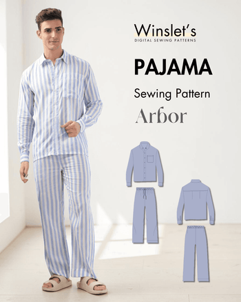 Men's pajama set sewing pattern with long sleeve shirt and striped woven fabric, front view