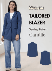 Blue tailored blazer sewing pattern with structured shoulders, front flap pockets, and back vent