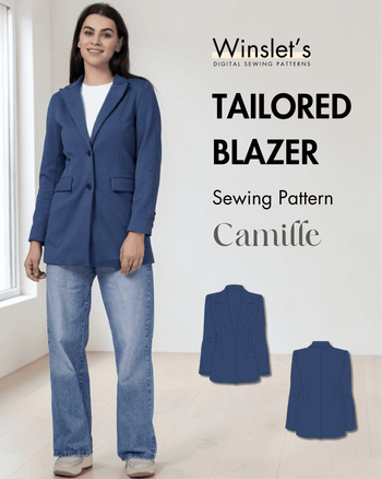 Blue tailored blazer sewing pattern with structured shoulders, front flap pockets, and back vent
