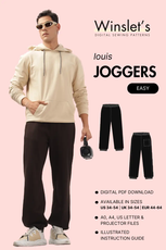 Men's Joggers Sewing Pattern 'Louis' by Winslet's, beginner-friendly digital PDF download. Available in US 34-54, UK 34-54, EU 44-64 with A0, A4, Letter, and Projector files.