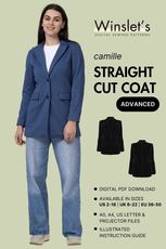 Straight-cut coat sewing pattern 'Camille' with a tailored design. Features a single-breasted style, notched lapel, and structured shoulders for classic layering.