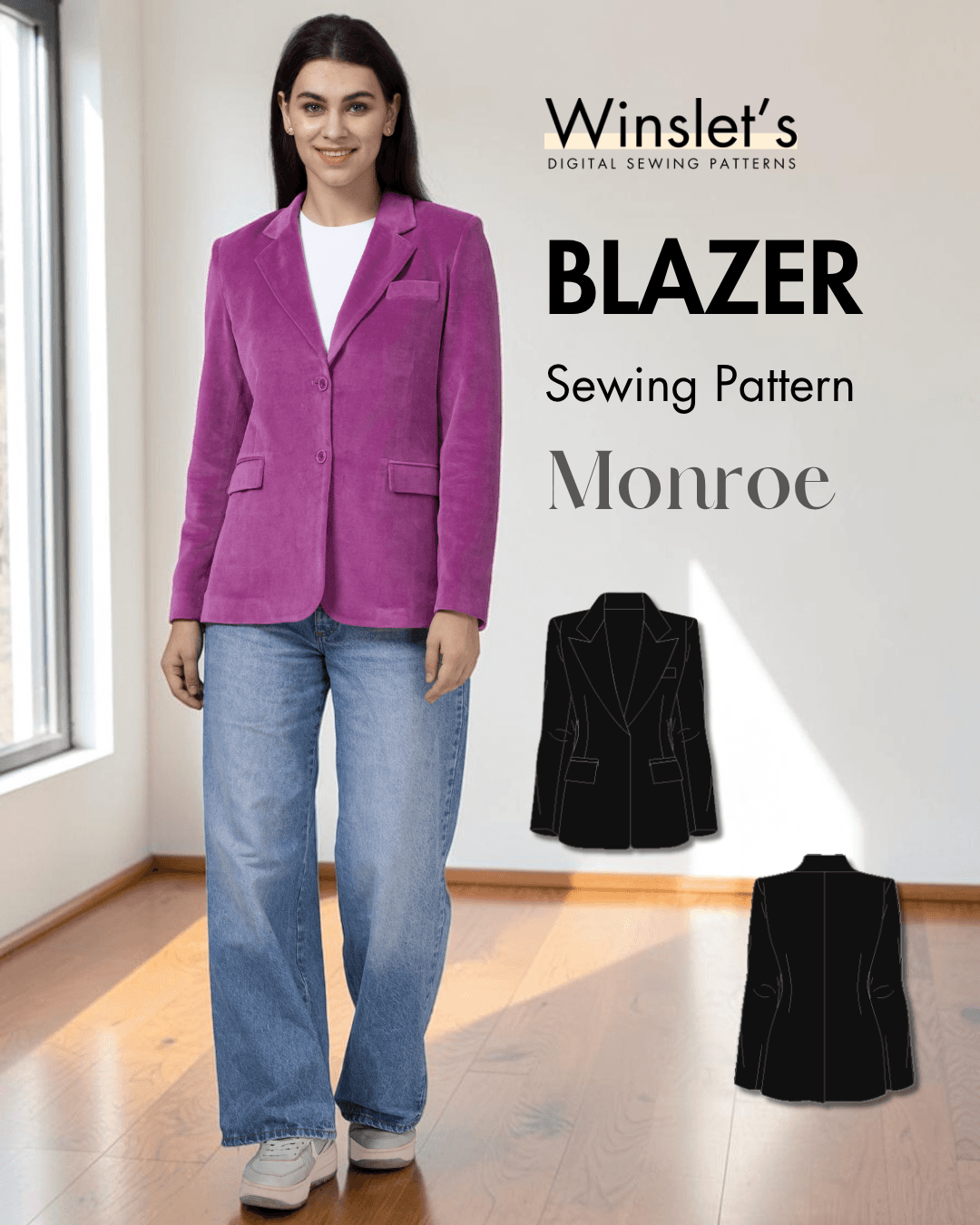 Women's pink blazer sewing pattern 'Monroe' PDF with front and back views