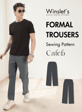 Men's formal trousers PDF sewing pattern 'Caleb' with straight fit, ankle-length, side pockets, welt pockets, and easy beginner design