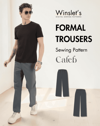 Men's formal trousers PDF sewing pattern 'Caleb' with straight fit, ankle-length, side pockets, welt pockets, and easy beginner design