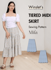 Tiered midi skirt sewing pattern with gathered tiers and elastic waistband