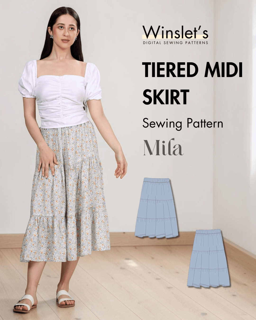 Tiered midi skirt sewing pattern with gathered tiers and elastic waistband