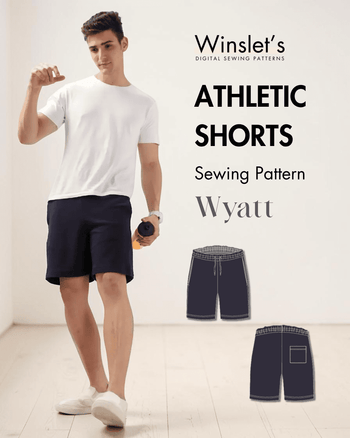 Men's athletic shorts sewing pattern PDF with elastic waistband and side pockets