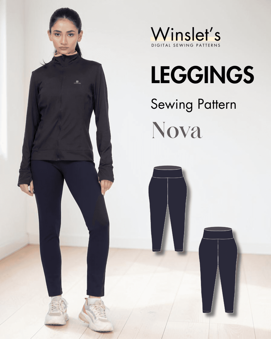 Women wearing black leggings sewing pattern with high waist and ankle length, front view