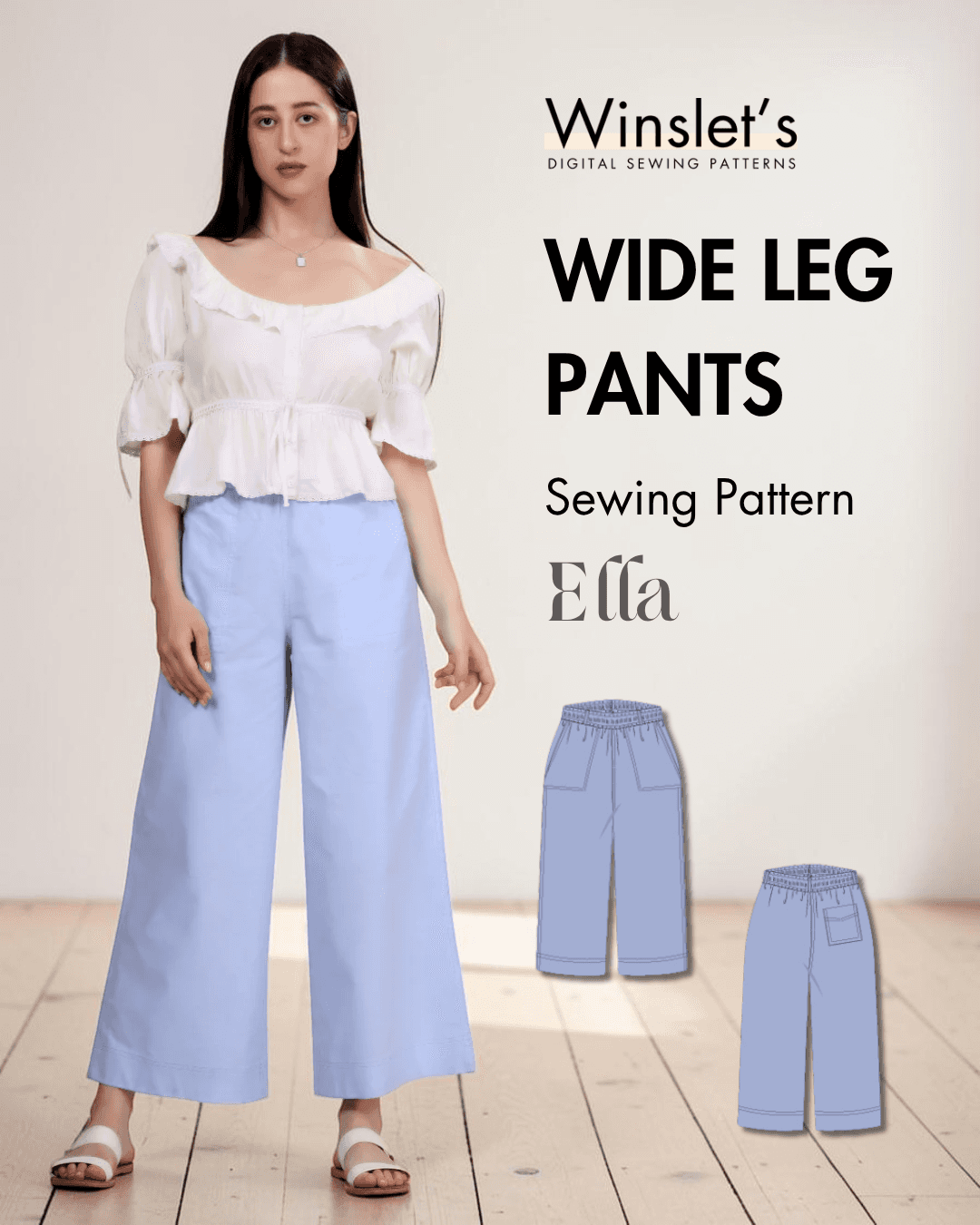 Women's wide leg pants sewing pattern 'Ella' with elastic waistband, side pockets, patch back pocket, relaxed fit, PDF pattern