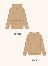 Illustration of the 'Rhea' hoodie sewing pattern, showing front and back views with a kangaroo pocket and relaxed fit.