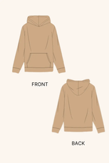 Illustration of the 'Rhea' hoodie sewing pattern, showing front and back views with a kangaroo pocket and relaxed fit.