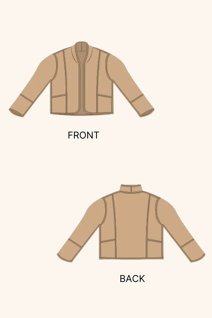 Technical illustration of the Romy reversible quilted jacket pattern. Displays front and back views with structured contrast binding details.