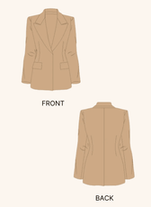 Technical illustration of the 'Camille' straight-cut coat sewing pattern. The front and back views showcase the notched lapel, flap pockets, and structured fit.