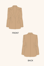 Technical illustration of the 'Camille' straight-cut coat sewing pattern. The front and back views showcase the notched lapel, flap pockets, and structured fit.